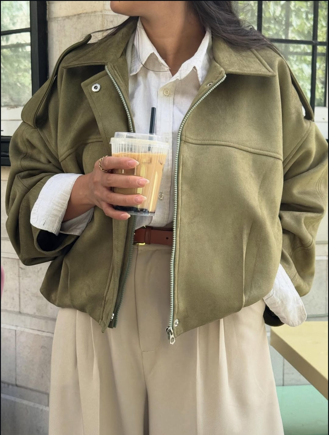 Olive Oversized Suede Jacket